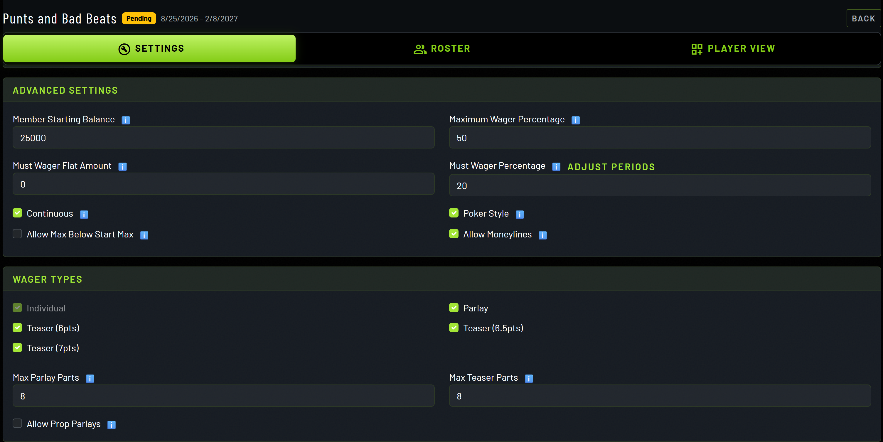 Commissioner rule settings for a sportsbook-style fantasy league.
