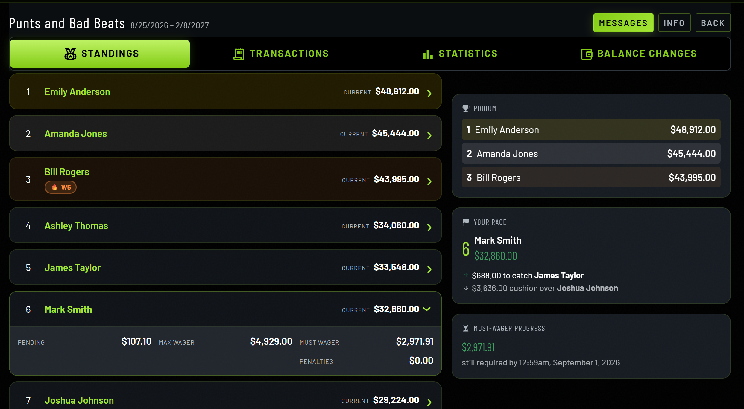 Season standings for a virtual-bankroll betting league, viewed on a tablet.