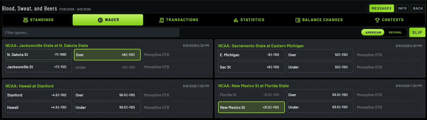 The wager board showing college football lines.
